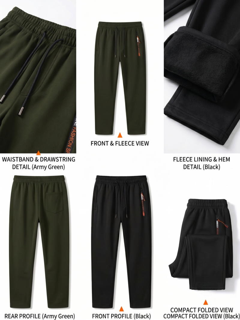 comfortable 2pcs Men's Winter Warm Fleece Sweatpants with Zipper Pockets Casual Trousers Track Pants Drawstring Waist for Running Workout Gym Outdoors for Fall Winter 2 A product grid display on a white background with text labels showing the features of Men’s Winter Warm Fleece Sweatpants in black and army green. The image features six sections: a close-up of the army green waistband with drawstrings, a layout of both pairs folded to show the contrast inner fleece, a close-up of the rolled ankle cuff showing thick black plush fleece lining, full-length front profiles of the army green and black pairs showing the zipper pockets, and a rear view of the black pants highlighting the single back pocket.
