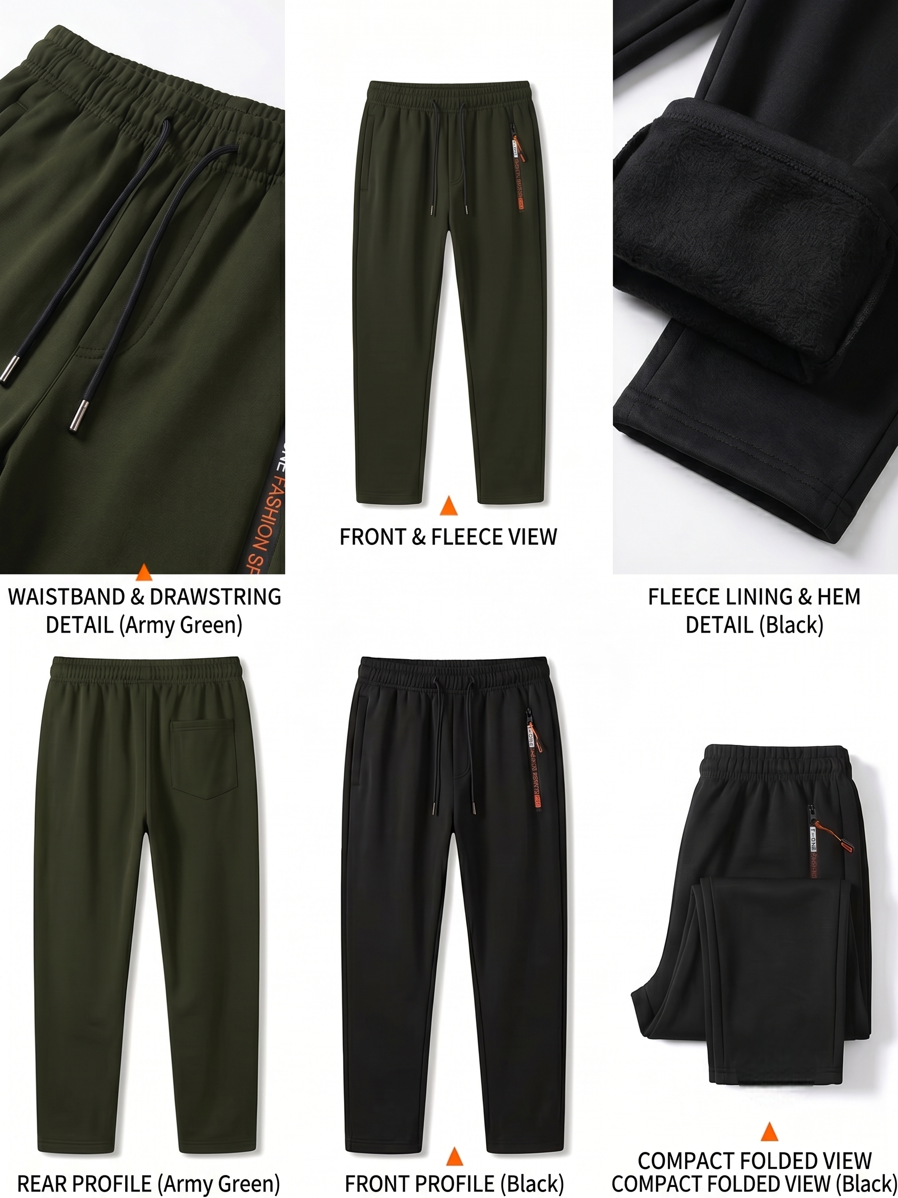 comfortable 2pcs Men's Winter Warm Fleece Sweatpants with Zipper Pockets Casual Trousers Track Pants Drawstring Waist for Running Workout Gym Outdoors for Fall Winter 2 A product grid display on a white background with text labels showing the features of Men’s Winter Warm Fleece Sweatpants in black and army green. The image features six sections: a close-up of the army green waistband with drawstrings, a layout of both pairs folded to show the contrast inner fleece, a close-up of the rolled ankle cuff showing thick black plush fleece lining, full-length front profiles of the army green and black pairs showing the zipper pockets, and a rear view of the black pants highlighting the single back pocket.