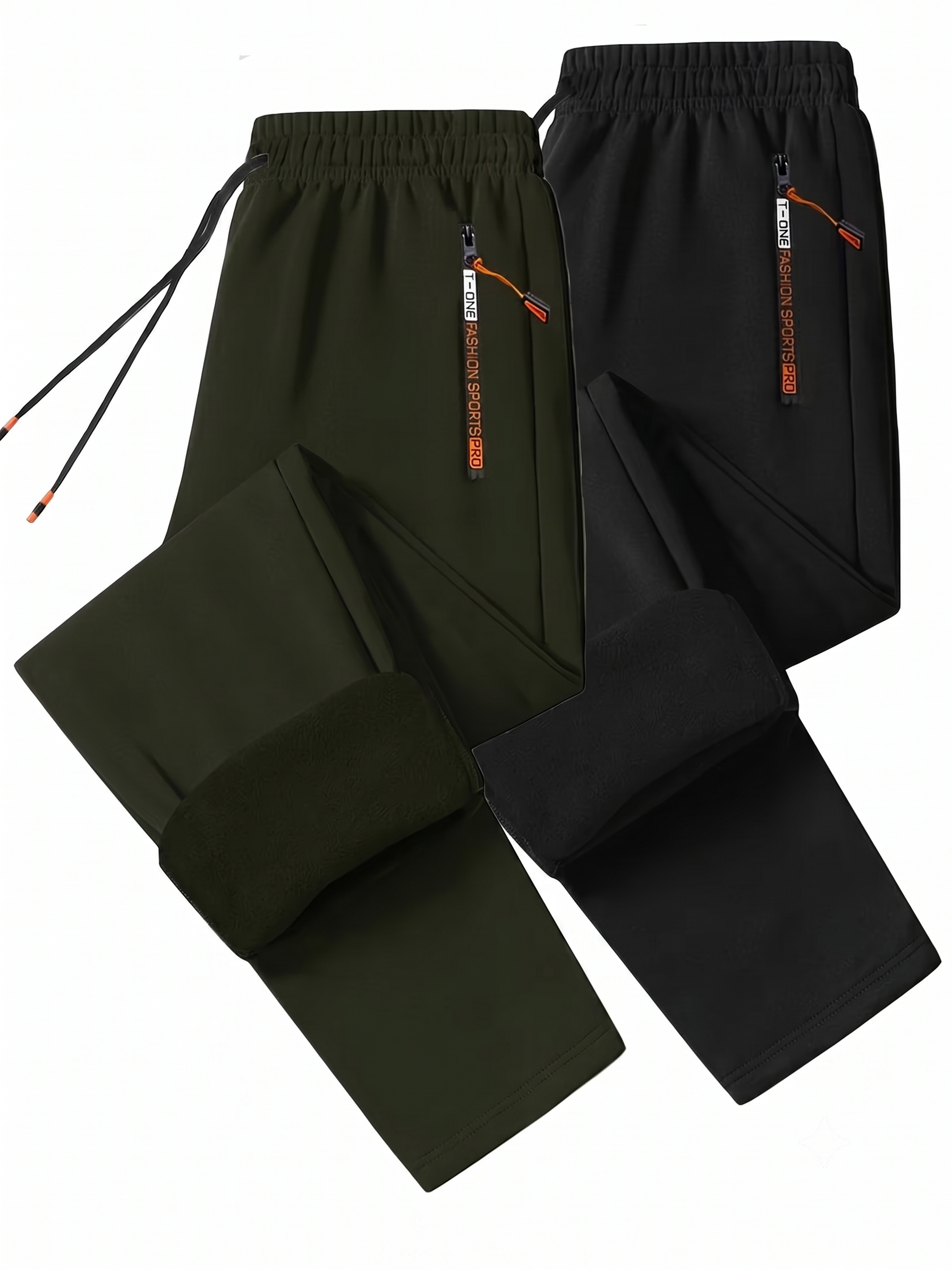 comfortable 2pcs Men's Winter Warm Fleece Sweatpants with Zipper Pockets Casual Trousers Track Pants Drawstring Waist for Running Workout Gym Outdoors for Fall Winter 3 A product shot over a white background showing a two-piece collection of Men's Winter Warm Fleece Sweatpants, featuring one pair in dark army green and another in matte black. The joggers are laid out symmetrically, with the bottom cuffs folded upward to reveal a thick, plush thermal interior fleece lining color-matched to each respective shell. Both waistbands display long matching drawstrings next to high-contrast vertical zipper pockets with orange pulls.