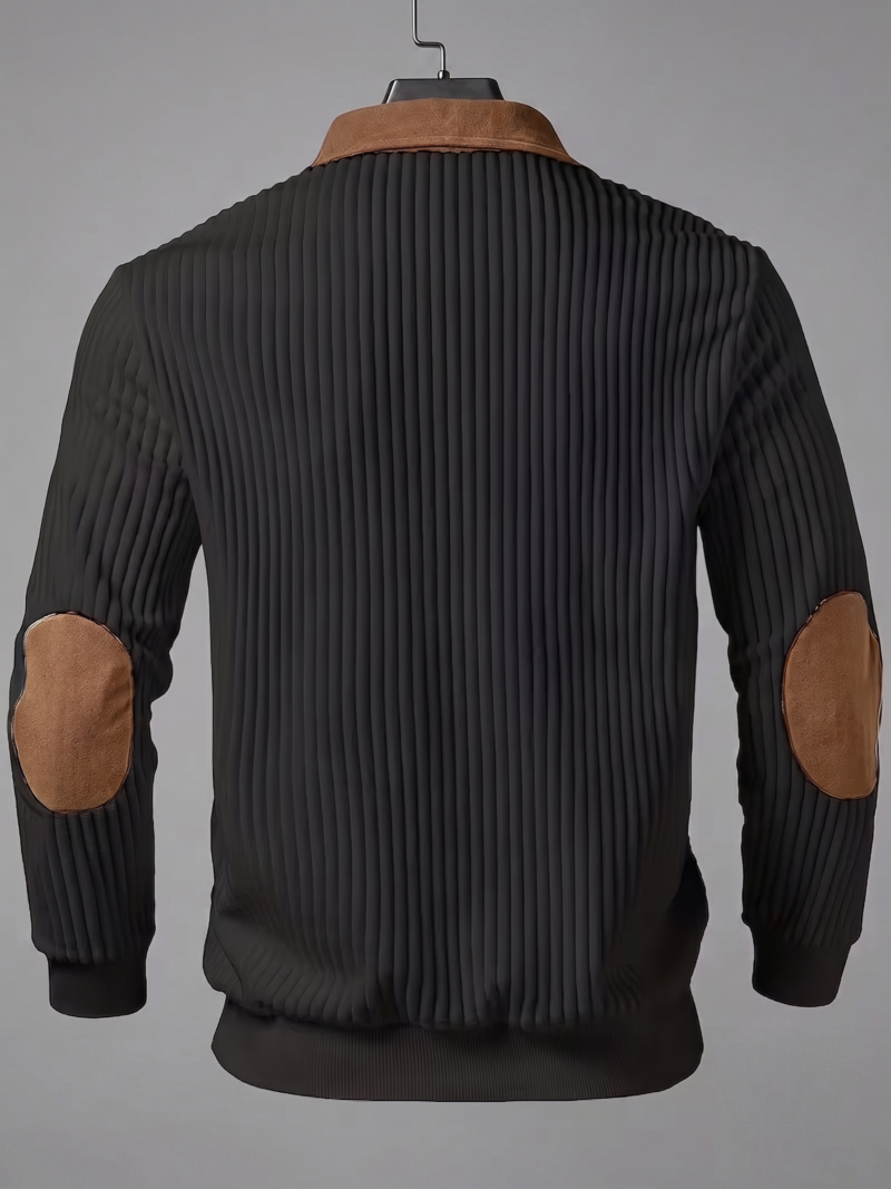 Men's Color-Block Design Casual Stand Collar Pullover - Ribbed Color-Block Patchwork, Thick and Warm Pullover, Stand Collar with Zipper Design, Suitable for Daily Casual Fashion, Simple and Versatile for Outings and Commuting, Long-Sleeve Pullover 4 Studio product shot showing the back of a black color casual stand collar pullover on a hanger featuring vertical ribbed knit fabric and brown elbow patches.