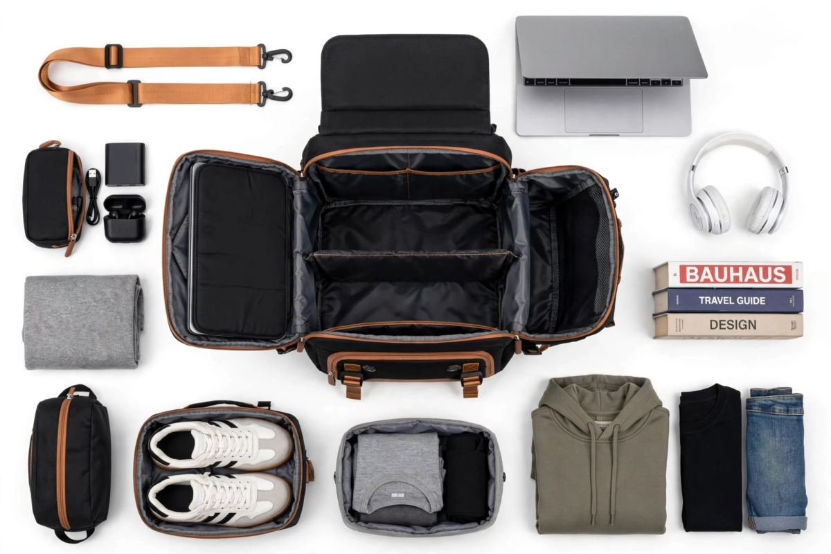 A Versatile Large-Capacity Backpack for Students, Suitable for Short Trips, Laptops, And Various Uses, Including Dual Shoulder Straps And a Convenient Carry Option 6 An overhead flat lay view of a black color Versatile Large-Capacity Backpack for Students surrounded by organized travel gear, clothing, and tech.