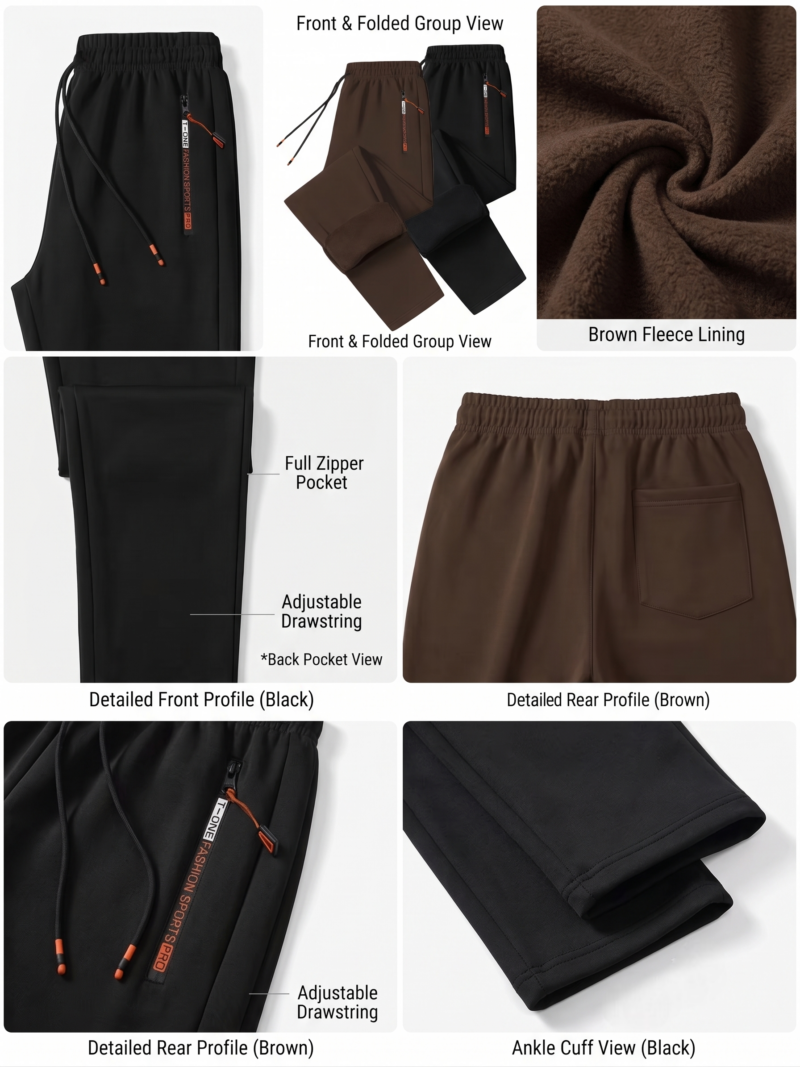 comfortable 2pcs Men's Winter Warm Fleece Sweatpants with Zipper Pockets Casual Trousers Track Pants Drawstring Waist for Running Workout Gym Outdoors for Fall Winter 21 An e-commerce product display grid on a white background showcasing design details of a black and a brown pair of Men’s Winter Warm Fleece Sweatpants. The graphic is split into seven labeled sections: a close-up of the black elastic waistband and drawstring, a central layout of both pairs partially folded to reveal the lining, a macro texture shot of the brown plush fleece lining,