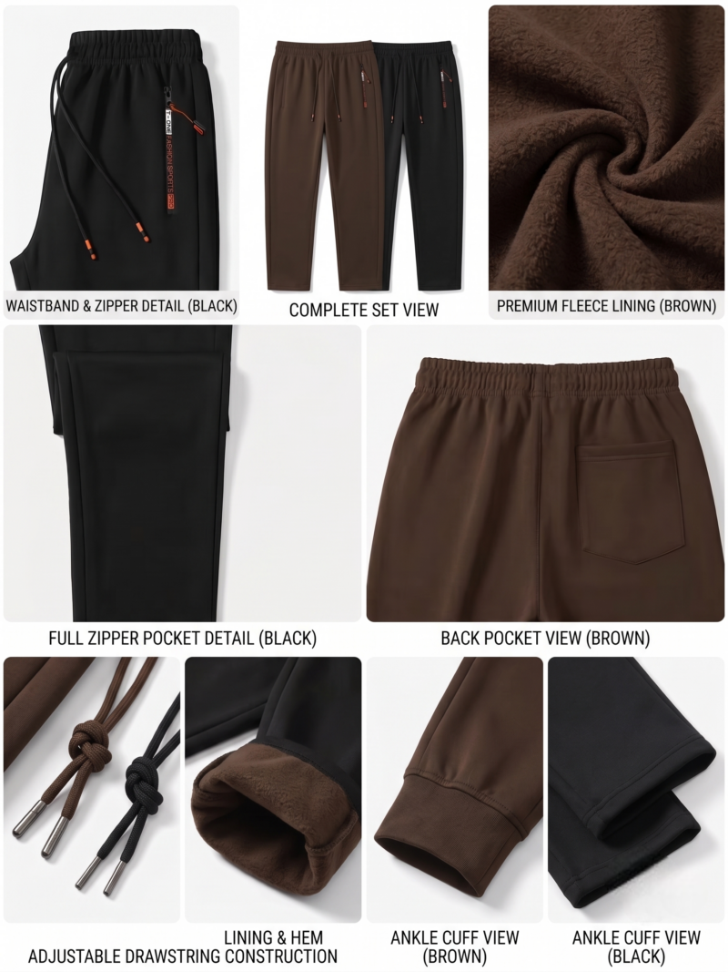 comfortable 2pcs Men's Winter Warm Fleece Sweatpants with Zipper Pockets Casual Trousers Track Pants Drawstring Waist for Running Workout Gym Outdoors for Fall Winter 22 An e-commerce product grid infographic layout over a white background illustrating the technical attributes of Men’s Winter Warm Fleece Track Pants. It features seven distinct cropped panels detailing the elastic waistband, a straight-on complete two-piece set view, a macro shot of the texturized brown thermal lining, an up-close view of the vertical side zipper track, a back view of the brown sweatpants torso showing a patch pocket,