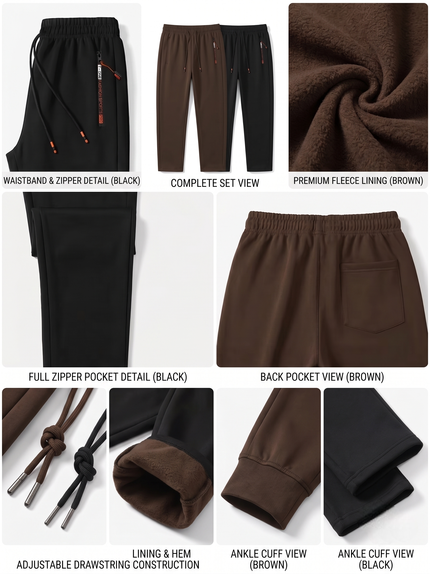 comfortable 2pcs Men's Winter Warm Fleece Sweatpants with Zipper Pockets Casual Trousers Track Pants Drawstring Waist for Running Workout Gym Outdoors for Fall Winter 5 An e commerce product grid infographic layout over a white background illustrating the technical attributes of Men’s Winter Warm Fleece Joggers. It features seven distinct cropped panels detailing the elastic waistband, a straight on complete two piece set view, a macro shot of the texturized brown thermal lining, an up close view of the vertical side zipper track, a back view of the brown sweatpants torso, close ups of the knotted dual color drawstrings, a cuffed pant leg showing the interior fleece roll out, and separate tapered ankle cuff panels for both colors.