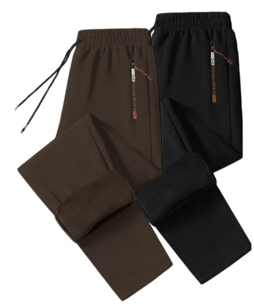 comfortable 2pcs Men's Winter Warm Fleece Sweatpants with Zipper Pockets Casual Trousers Track Pants Drawstring Waist for Running Workout Gym Outdoors for Fall Winter 23 A professional flat-lay studio photograph over a white background featuring a two-piece collection of comfortable Men’s Winter Warm Fleece Track Pants in deep brown and solid black. The pants are styled overlapping each other, with the low leg segments of both pairs flipped up neatly to reveal thick