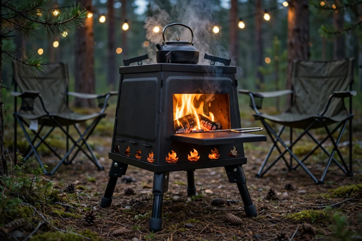 Portable Wood Burning Camp Stove - Heavy-Duty Outdoor Campfire Stove with Sturdy Legs & Air Vents, Firewood/Bonfire Compatible for Hiking, Backpacking, Picnic, BBQ, Travel - No Electricity/Flint/Magnesium Needed 2 Portable Wood Burning Camp Stove glowing warmly with a kettle on top at a forest campsite during dusk