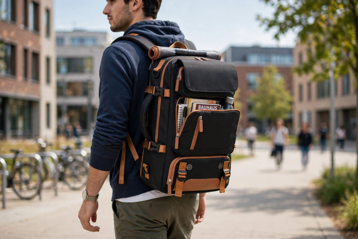 A Versatile Large-Capacity Backpack for Students, Suitable for Short Trips, Laptops, And Various Uses, Including Dual Shoulder Straps And a Convenient Carry Option 7 A male student walking down a campus walkway wearing a black color Versatile Large-Capacity Backpack for Students.