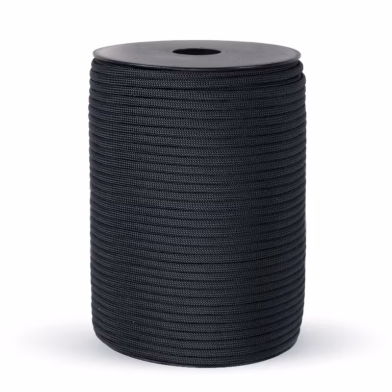 The Ultimate 164ft Roll of 9-Strand Rope 4mm: Heavy-Duty Utility Cord for Tents & Tarps 4 A professional-grade black color roll of 9-strand rope 4mm, neatly wound on a sturdy black spool against a plain white background, as seen in mrali black color Roll of 9-Strand Rope 4Mm