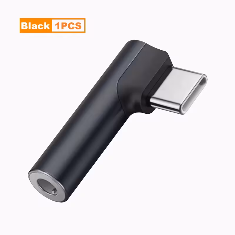 An L-shaped black color Type-C to 3.5mm Headphone Jack Adapter with a male USB-C connector on one end and a female 3.5mm jack on the other. The adapter has a matte black finish. An orange label in the top left corner reads "Black 1PCS". The background is white.