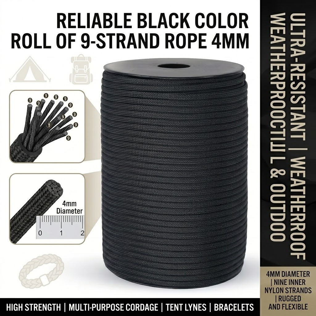 The Ultimate 164ft Roll of 9-Strand Rope 4mm: Heavy-Duty Utility Cord for Tents & Tarps 29 A professional-grade black color roll of 9-strand rope 4mm, neatly wound on a sturdy black spool against a plain white background, as seen in mrali black color Roll of 9-Strand Rope 4Mm