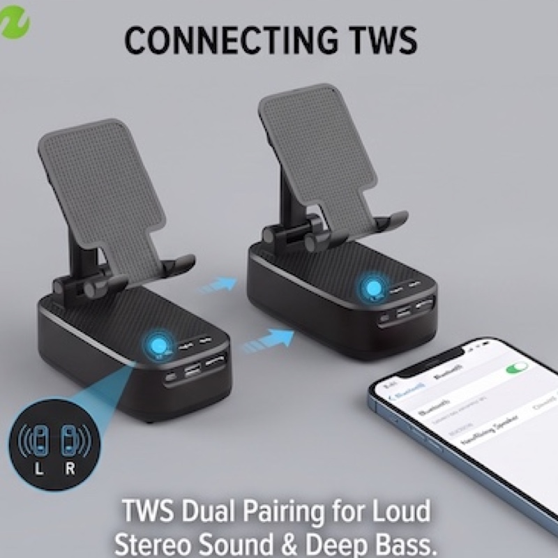 NewRixing 6W Wireless Speaker with Phone Holder, TWS Dual Pairing, 1800mAh Battery, Hands-Free Calling, Portable Power Bank, 6-Hour Playtime, Hi-Fi Sound Quality, Loud Stereo & Deep Bass, USB-C Charging, Indoor/Outdoor Use, Adjustable Stand, Durable 36 Two black NewRixing Wireless Speaker with Phone Holder units side-by-side with blue connection indicators, and a smartphone screen showing the Bluetooth settings menu. Arrows indicate pairing between the speakers.