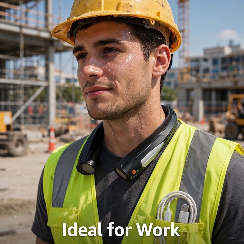 Ultra-Long Battery Life: 6-20 Hours, Dual Wind Speeds, Super Quiet Brushless Motor, 3000mAh*2, Durable USB Charging, Soft Silicone Neck Strap, Ideal for Work, Travel, Sports, and Outdoor Activities, Outdoor Sports Fan|Ergonomic Neckband Fan|Durable 2 A construction worker wearing a hard hat, high-visibility vest, and a black color Outdoor Sports Fan around his neck while working outdoors.
