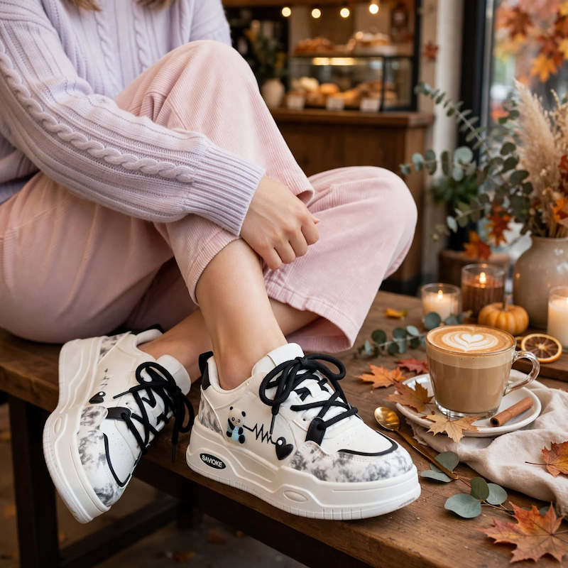 Women's White Platform Sneakers - Chunky Platform Shoes with Upper & PVC Sole, Lace-Up Mid-Top Casual Athletic Wear Suitable for Spring/Autumn, - Comfortable Footwear, Women Shoes 2 A woman relaxing in a cafe wearing black color Women's White Platform Sneakers next to a coffee cup and autumn decor.