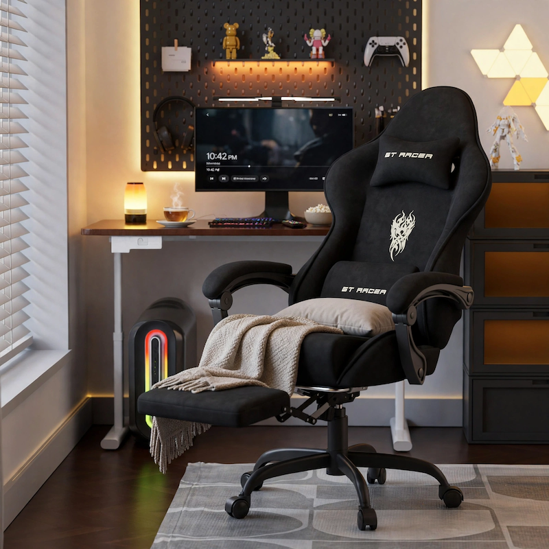 comfortable STRACER Velvet Upholstered Gaming Chair Featuring a Footrest, High Back Design, Ergonomic Support for Gamers, Includes Headrest And Massage Lumbar Pillow, Racing Style Reclining Video Game Chair 4 A cozy home office and gaming setup featuring a black color Velvet Upholstered Gaming Chair placed at a wooden desk with ambient lighting and a pegboard wall.