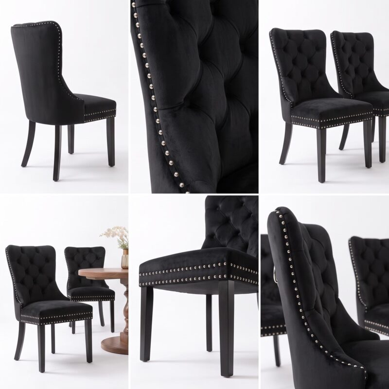 Set of 4 Upholstered Dining Chairs, Velvet Chairs with Button Tufting And Sturdy Wooden Legs, Contemporary Fabric Side Chairs for Dining Areas, Kitchens, Restaurants, And Hotels 4 A detailed multi view collage highlighting the premium button tufting craftsmanship and silver nailhead trim of the design featured in our beige color Set of 4 Upholstered Dining Chairs.