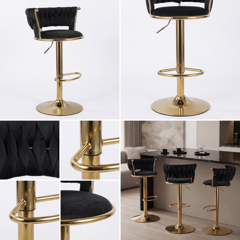 2pcs/4pcs Modern Swivel Woven Velvet Bar Stools, Stool, 360° Swivel Adjustable Height Bar Stool with Backs Golden Metal Tall Bar Stools Counter Height for Kitchen Island, for Christmas, Festival, New Year'S Gift 5 Multi-panel product collage showing full shots, macro velvet fabric close-ups, gold footrest details, and three black color Swivel Woven Velvet Bar Stools neatly tucked under a dark marble kitchen bar island.