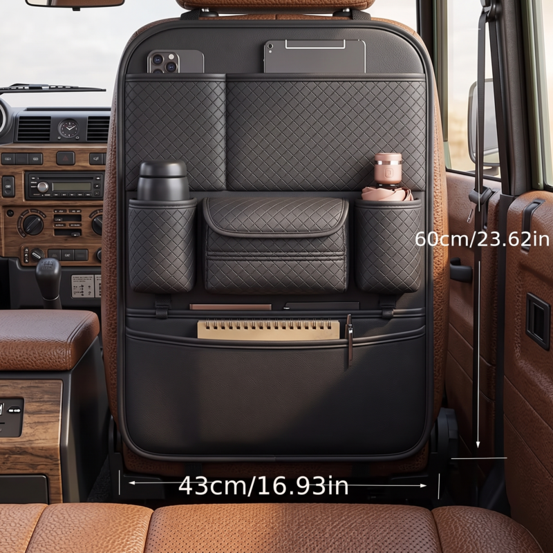 A side-by-side view of the vehicle interior showing how the durable Front and Rear Car Seat Back Organizer protects seats and maintains tidy space during a trip to a picnic, labeled 'DESTINATION REACHED'.