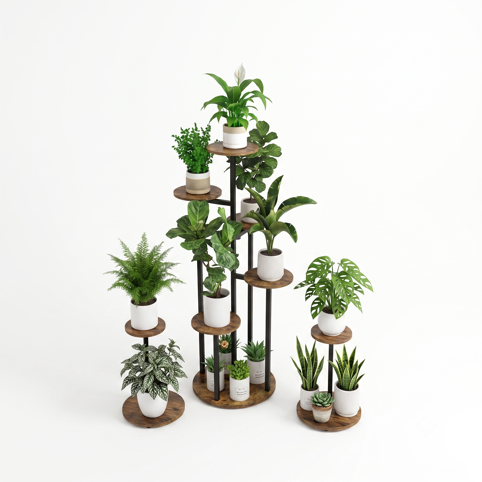 practical Indoor Plant Stand with 6 Tiers, Suitable for Various Plants, Corner Flower Display for The Living Room, Featuring a Multi-Layer Vintage Design 4 Studio product shot of a central black color Indoor Plant Stand with 6 Tiers flanked by two smaller matching multi-layer plant stands against a solid white background.