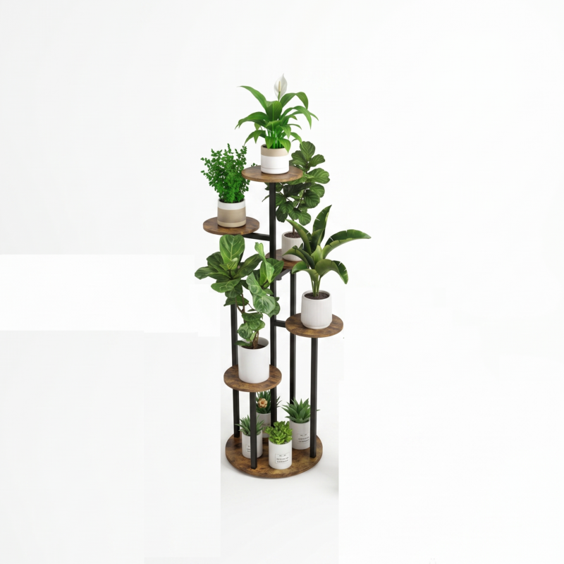 practical Indoor Plant Stand with 6 Tiers, Suitable for Various Plants, Corner Flower Display for The Living Room, Featuring a Multi-Layer Vintage Design 5 A single studio product shot of a minimalist black color Indoor Plant Stand with 6 Tiers supporting six different potted green plants over a white background.