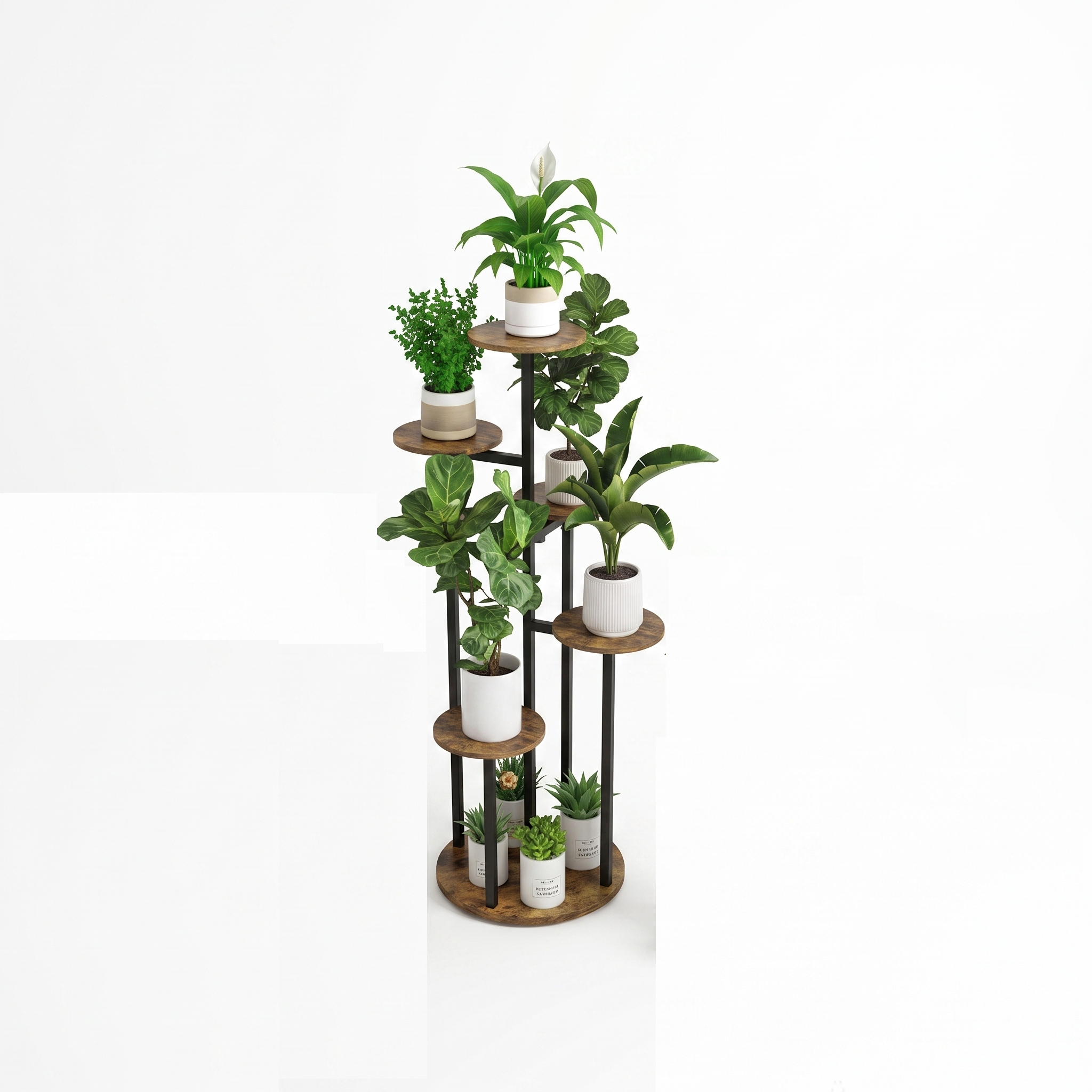 practical Indoor Plant Stand with 6 Tiers, Suitable for Various Plants, Corner Flower Display for The Living Room, Featuring a Multi-Layer Vintage Design 5 A single studio product shot of a minimalist black color Indoor Plant Stand with 6 Tiers supporting six different potted green plants over a white background.