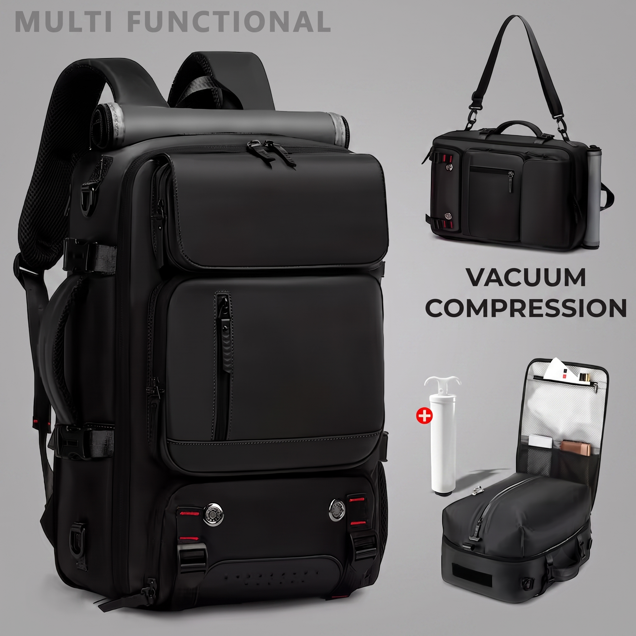 reliable Business Men'S Vacuum Compression Backpack | Multi-functional Shoulder/Handbag, Laptop Compartment, Includes Pump, Ideal for Camping, Hiking, Daily Commute, Foldable, Lightweight, Peacock 12 A clean studio shot on a grey background presenting a large view of a black color business men'S vacuum compression backpack, with smaller inset images demonstrating its conversion to a shoulder bag and its open internal storage structure.