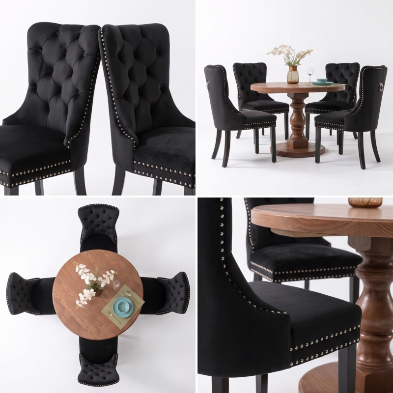 Set of 4 Upholstered Dining Chairs, Velvet Chairs with Button Tufting And Sturdy Wooden Legs, Contemporary Fabric Side Chairs for Dining Areas, Kitchens, Restaurants, And Hotels 5 A multi perspective collage including a top down bird's eye view and back to back angles of the layout configuration for our beige color Set of 4 Upholstered Dining Chairs.