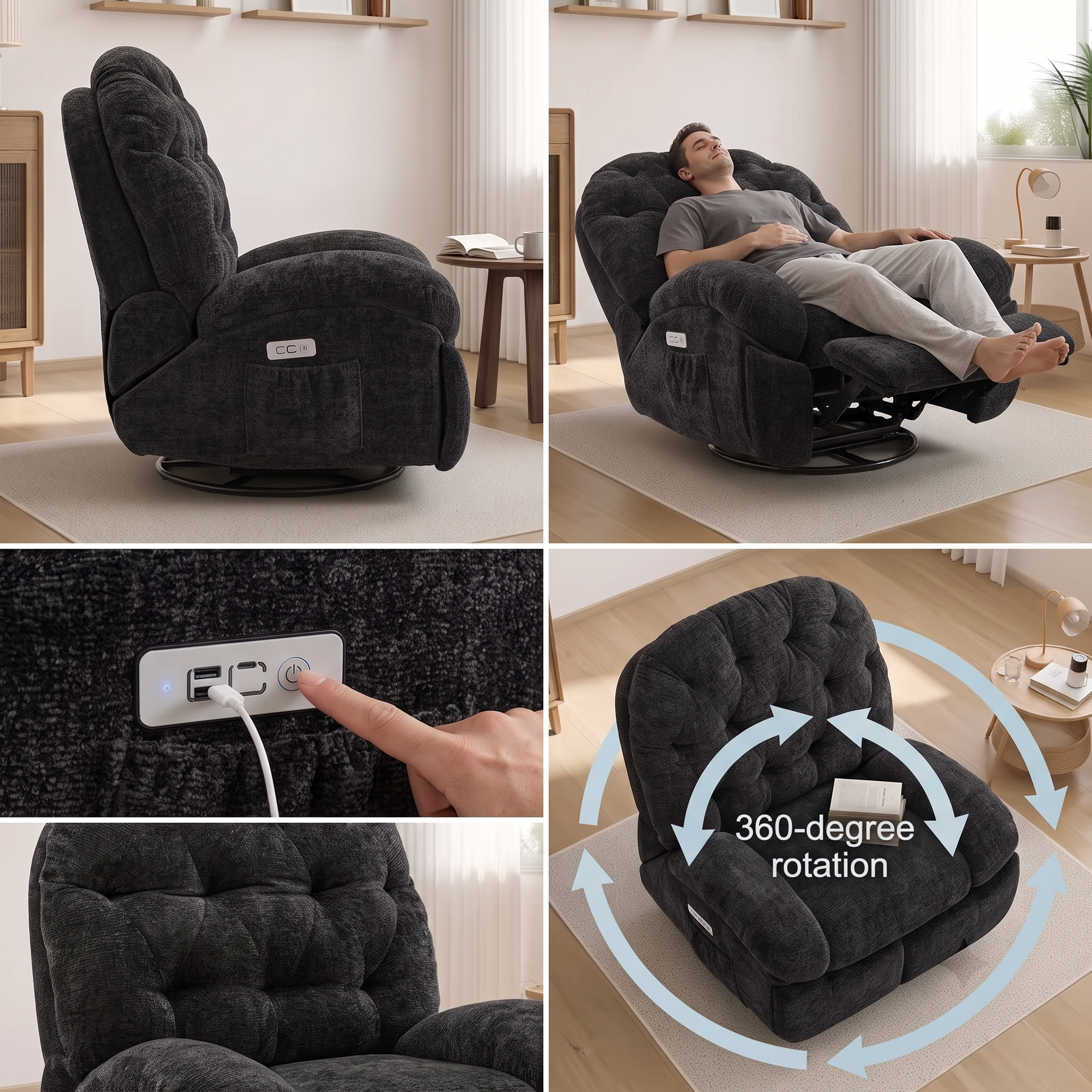 Oversized Swivel Recliner Chair, Adult Electric Recliner with USB Port And Side Pocket Storage, Comfortable Soft Shell Rocking Chair, Large Chenille Recliner Suitable for The Living Room 3 A 5-panel layout collage showcasing a black plush recliner. The collage features a side profile view, an individual reclining comfortably with closed eyes, a hand operating the integrated USB power control pad, a texture close-up of the tufted fabric, and an overhead view with circular light blue arrows illustrating 360-degree rotation.