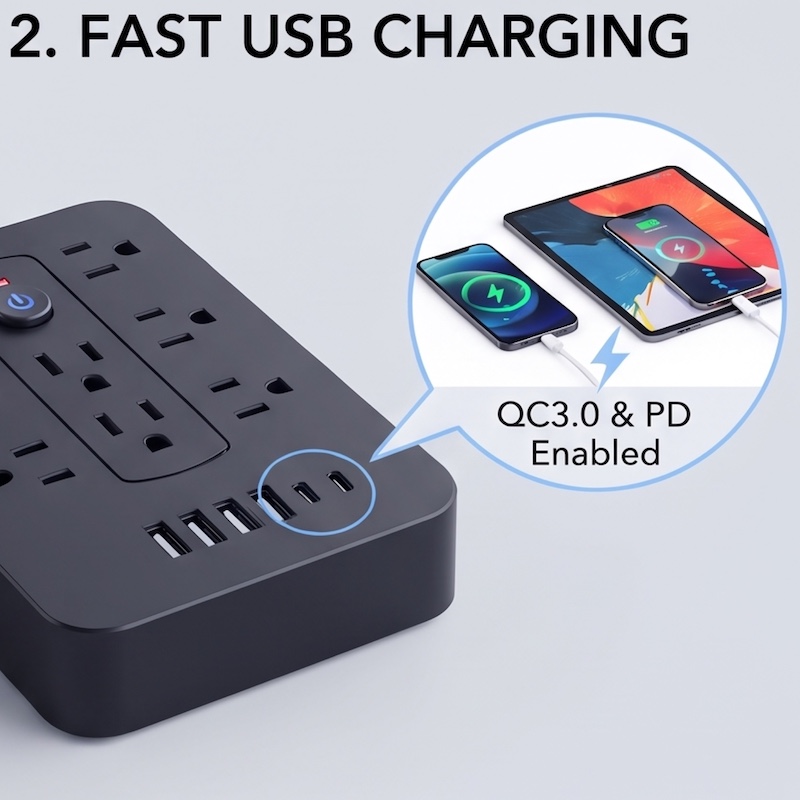 A Multifunctional Power Strip with Overload Protection, Featuring 14 AC Outlets, 4 USB Outputs, And 2 Type-C Outputs. Available in White Or Black, with Options for Short, 5FT, Or 10FT Extension Cords. It Includes Dual Side Sockets 41 mrali black fast usb charging Multifunctional Power Strip