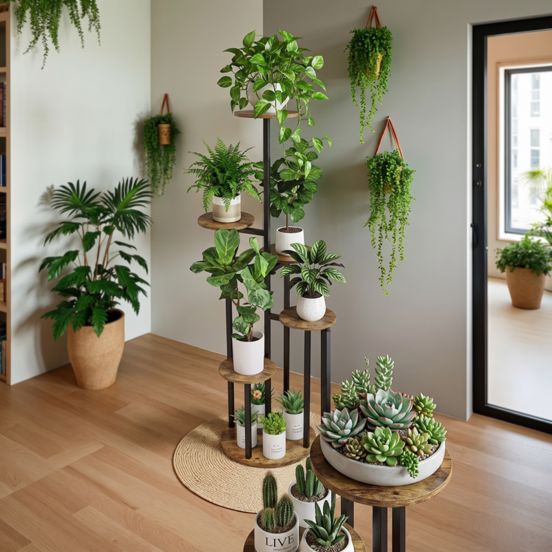 practical Indoor Plant Stand with 6 Tiers, Suitable for Various Plants, Corner Flower Display for The Living Room, Featuring a Multi-Layer Vintage Design 6 A lush living room setup featuring a black color Indoor Plant Stand with 6 Tiers combined with a low foreground succulent table and hanging wall planters.