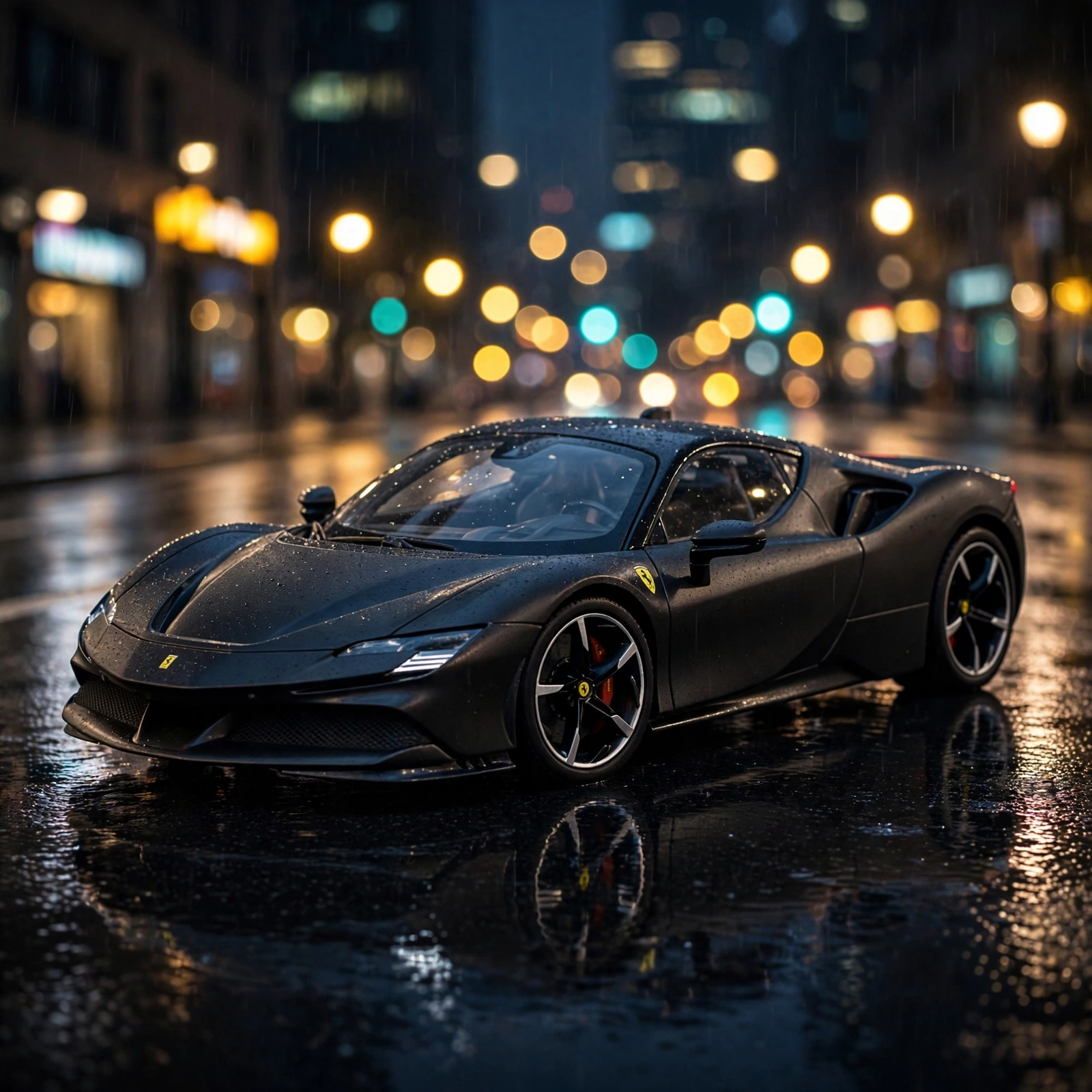 Burago 1:24 Scale Ferrari SF90 Stradale Diecast Model Car, Metal Alloy Sports Vehicle Collectible, Manual Operation, Red/Black, Sports Theme Gift 8 A cinematic shot of a black Ferrari SF90 Stradale Diecast Model Car parked on a wet street at night with glowing bokeh lights in the background.