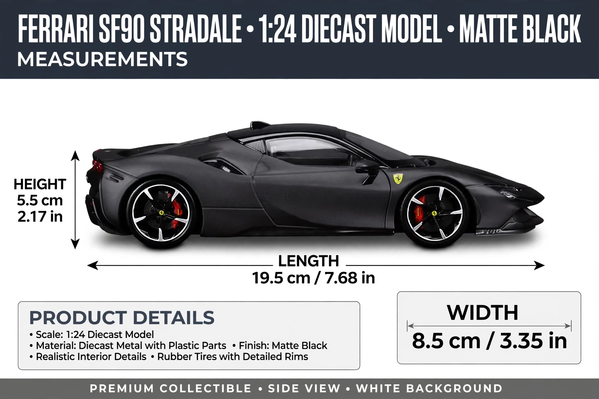 Burago 1:24 Scale Ferrari SF90 Stradale Diecast Model Car, Metal Alloy Sports Vehicle Collectible, Manual Operation, Red/Black, Sports Theme Gift 12 An informational graphic detailing the length, width, height, and product features of the 1:24 scale black Ferrari SF90 Stradale Diecast Model Car.