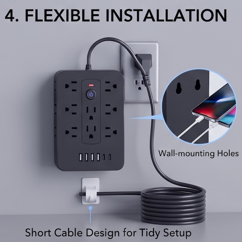 A Multifunctional Power Strip with Overload Protection, Featuring 14 AC Outlets, 4 USB Outputs, And 2 Type-C Outputs. Available in White Or Black, with Options for Short, 5FT, Or 10FT Extension Cords. It Includes Dual Side Sockets 43 A black color Multifunctional Power Strip is shown wall-mounted next to a power outlet. Call-out graphics point to "Wall-mounting Holes" on the back of the unit and a "Short Cable Design for Tidy Setup" with a cable clip.