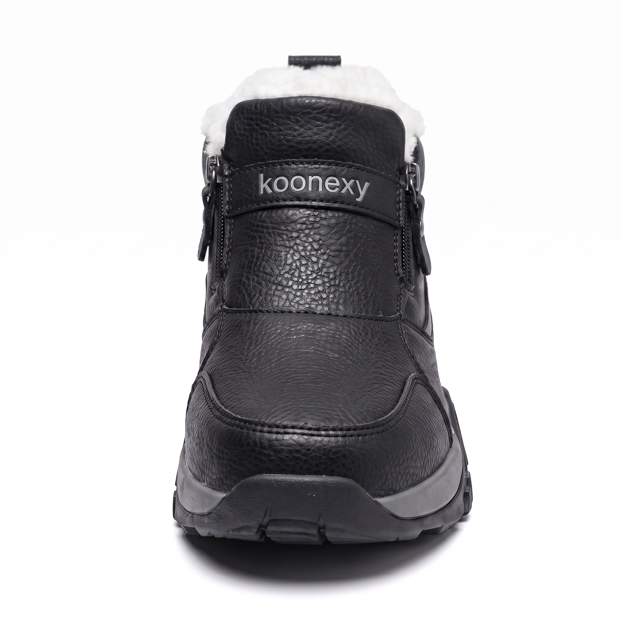 Winter Men'S Thermal Insulated Fleece-Lined Snow Boots - Comfortable, Breathable, And Stylish Hiking Shoes, Short Men'S Boots Suitable for Hiking, Hunting, Work Commuting, And Casual Wear, Winter Boots, Outdoor Footwear - Available in Black/Gray/Kha 5 A centered, symmetrical studio shot of a singular black color Insulated Fleece-Lined Snow Boot from a direct front perspective on a white backdrop. The thick white fleece lining is visible around the top edge, and the prominent elastic bridge strap features the word "koonexy" printed in crisp gray-white font.