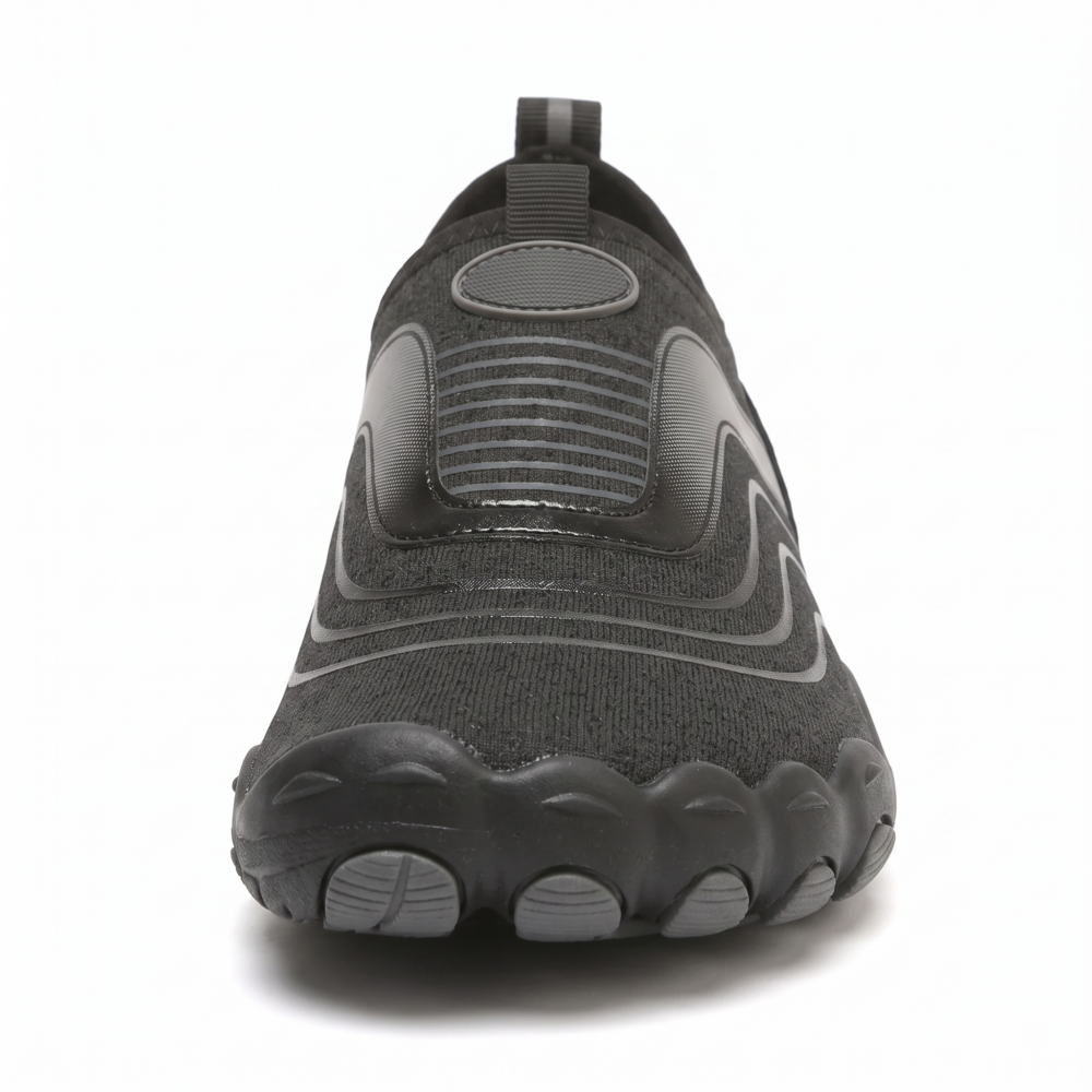 Unisex Quick-Dry Water Shoes, Comfortable and Breathable, Suitable for Fishing, Surfing, Hiking, Wading, Beach Play, and Fitness Squats 10 Straight-on front perspective of a black color Unisex Quick-Dry Water Shoes on a seamless white background, emphasizing the wide ergonomic toe box and secure slip-on construction.