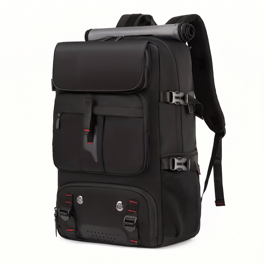 A side-by-side view showing the rear and right side of a black color One Large Capacity Laptop Backpack. The rear image displays the padded shoulder straps, sternum strap, and breathable mesh back panel. The side view shows the full-length side mesh pocket, compression buckles, and the top grey mat attachment.