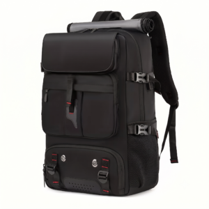 A side-by-side view showing the rear and right side of a black color One Large Capacity Laptop Backpack. The rear image displays the padded shoulder straps, sternum strap, and breathable mesh back panel. The side view shows the full-length side mesh pocket, compression buckles, and the top grey mat attachment.