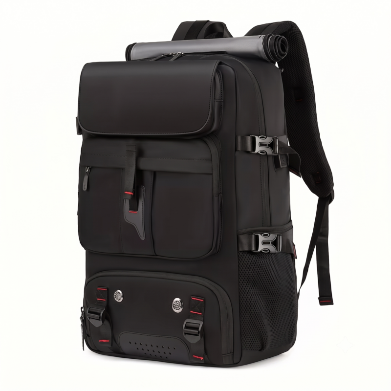 One Large Capacity Laptop Backpack, Designed for Both Men And Women, Featuring a Multifunctional Travel Design with a Compartment for Shoes, Ideal for Business Trips, Travel, College, Holiday Travel, Party Gifts, School Use 1 A side-by-side view showing the rear and right side of a black color One Large Capacity Laptop Backpack. The rear image displays the padded shoulder straps, sternum strap, and breathable mesh back panel. The side view shows the full-length side mesh pocket, compression buckles, and the top grey mat attachment.