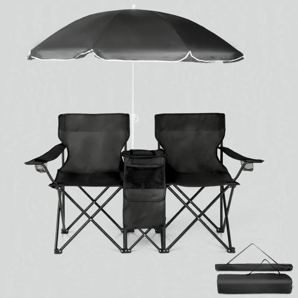 A front view of a black double Fishing Chair Oxford Fabric with an umbrella, positioned outdoors on a sandy surface.