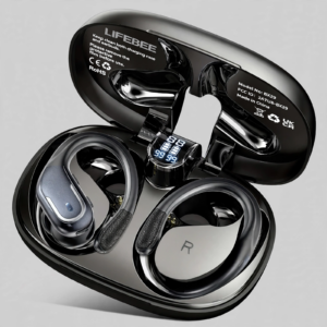 Open charging case of LIFEBEE wireless earbuds for running sports showing right and left earphones and digital battery display.