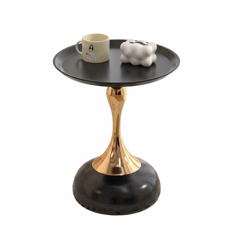 exclusive 1pc Modern Italian Space-Saving Corner Coffee Table with Metal Tabletop & Assembly - Multifunctional Compact Suitable for Small Apartments, Living Room, Bedside - Wood-Free (Ideal for Urban Dwellers) 2 A single black color modern italian space saving corner coffee table with a gold pedestal stand isolated on a solid white background styled with a ceramic mug and a decorative white centerpiece.