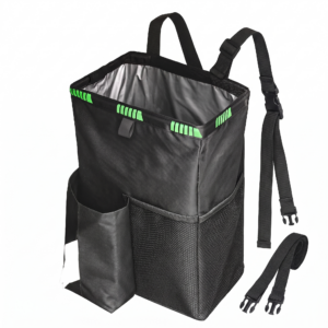 Car Trash Can 3.5 Gallons Car Garbage Can. A standalone front three quarter view of a black 3.5 gallon car trash can over a solid white background. The image clearly showcases its spacious open top interior with a silver leakproof lining, a tissue pack holder on the left, an elastic mesh pocket on the right, and adjustable mounting straps with quick release plastic buckles extending from the back.