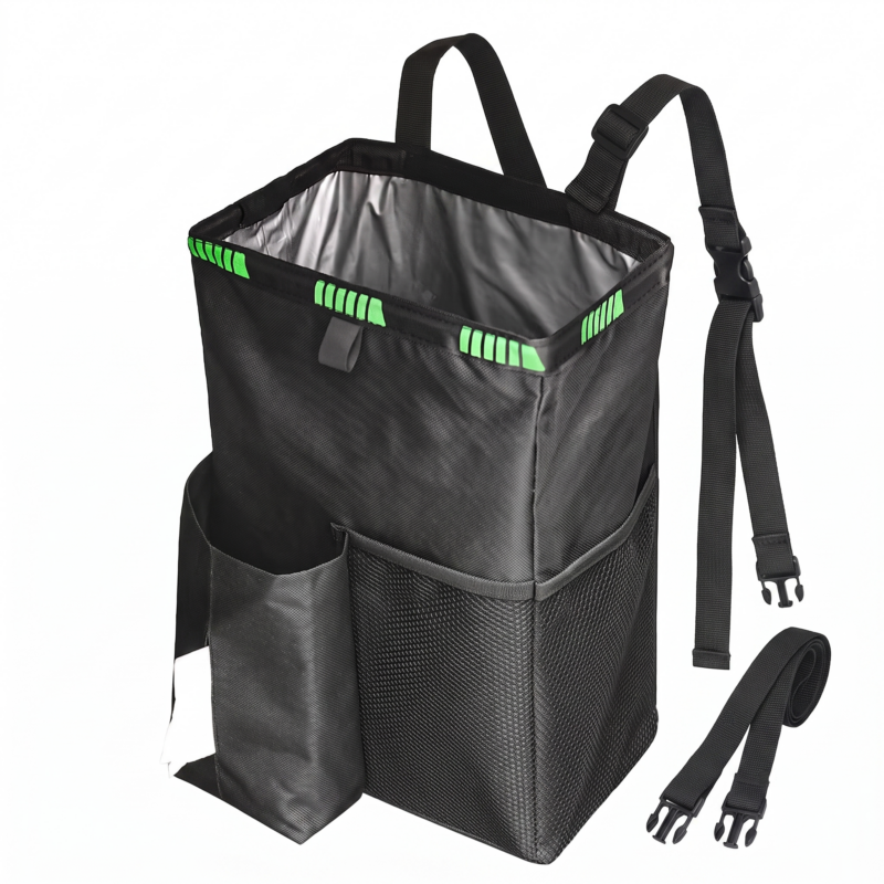 Car Trash Can 3.5 Gallons Car Garbage Can. A standalone front three quarter view of a black 3.5 gallon car trash can over a solid white background. The image clearly showcases its spacious open top interior with a silver leakproof lining, a tissue pack holder on the left, an elastic mesh pocket on the right, and adjustable mounting straps with quick release plastic buckles extending from the back.