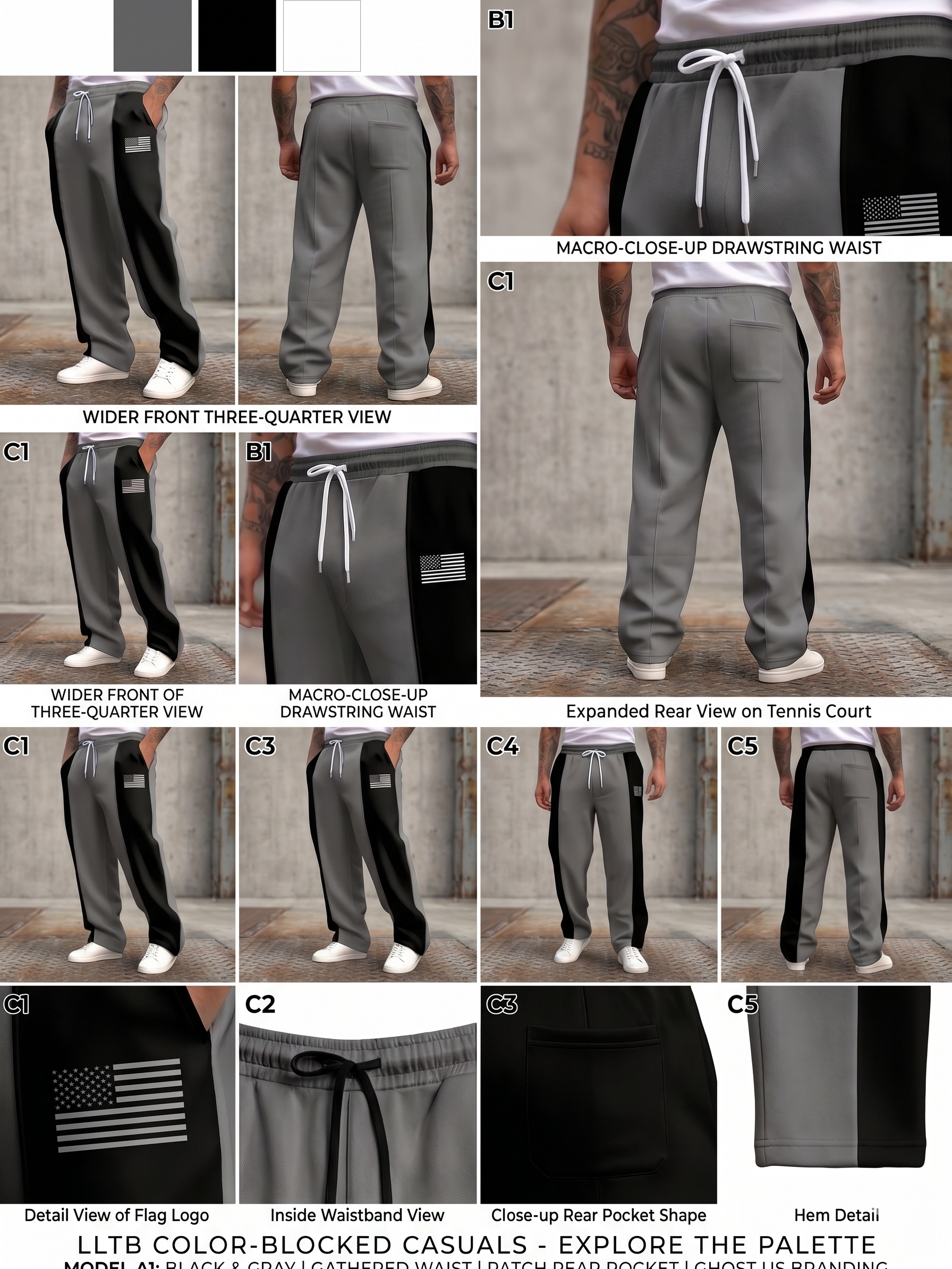 Men'S Color-Blocked Casual Pants Feature a Stylish Design with Comfortable And Structured Fabric. The Drawstring Waist Fits The Body Well, Making It Trendy And Eye-Catching. with a Loose Straight Cut 25 A professional 9-panel product photography grid showcasing how these black grey color Blocked Casual Pants Feature a Stylish design. The image details the relaxed fit from multiple angles, an expanded rear view on a tennis court, a close-up of the patch rear pocket, an inside waistband view, and detailed stitching of the black side stripe and flag logo.
