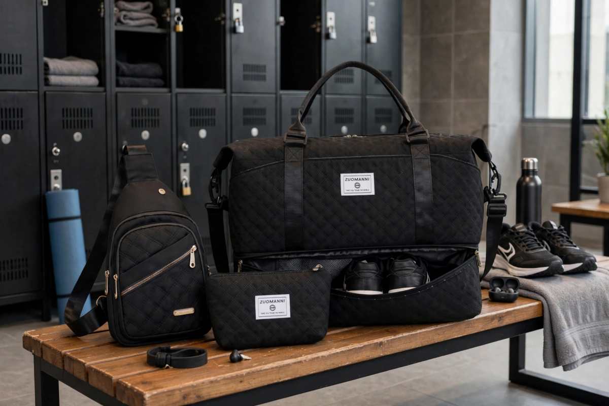 A Three-Piece Travel Set Including a Tote Bag, a Toiletry Bag, And a Shoulder Bag, Featuring a Spacious Independent Shoe Compartment, Perfect for Outdoor Fitness, Travel, Overnight Stays, And Weekend Trips 6 A black color tote bag set on a wooden gym bench, showing an open bottom shoe compartment with sneakers, a matching sling bag, and a pouch against a locker room background.