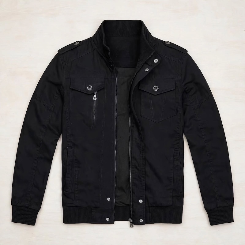 Men's Tactical Jacket Practical Men's Tactical Jacket | Multiple Pockets, Workwear Style Coat 2 Flatlay top view of a black color Men's Tactical Jacket Practical featuring utility pockets and zip front.