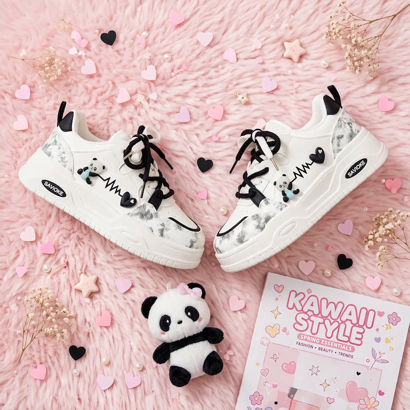 Women's White Platform Sneakers - Chunky Platform Shoes with Upper & PVC Sole, Lace-Up Mid-Top Casual Athletic Wear Suitable for Spring/Autumn, - Comfortable Footwear, Women Shoes 3 Aesthetic flatlay featuring black color Women's White Platform Sneakers, a plush panda toy, and Kawaii Style book on a pink furry rug.