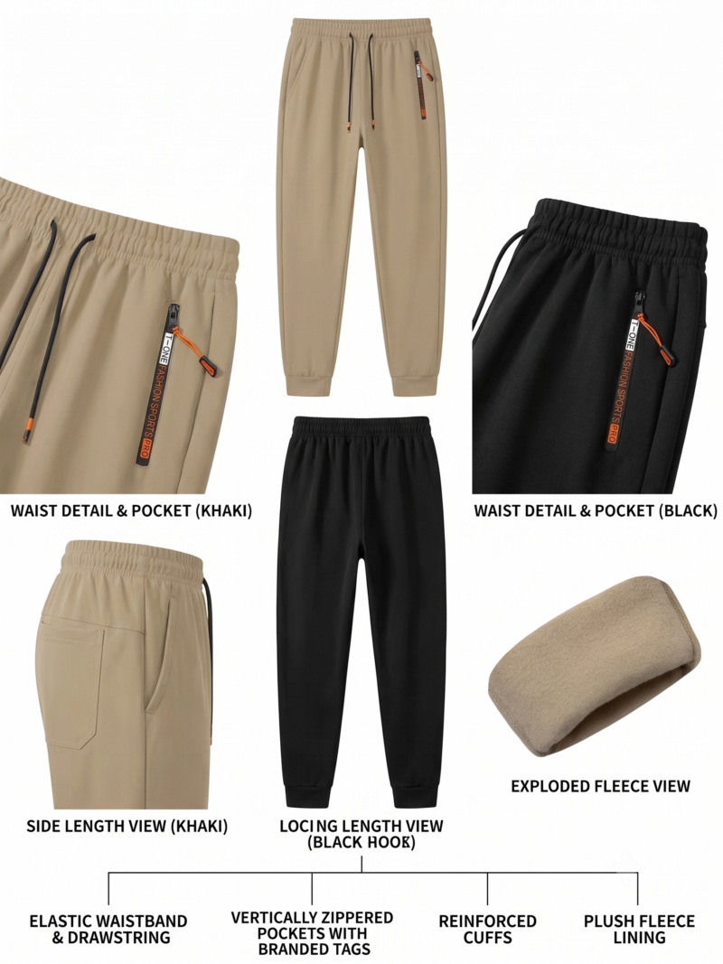comfortable 2pcs Men's Winter Warm Fleece Sweatpants with Zipper Pockets Casual Trousers Track Pants Drawstring Waist for Running Workout Gym Outdoors for Fall Winter 7 An e-commerce product diagram grid over a white background outlining the technical features of a black and a khaki pair of Men’s Winter Warm Fleece Sweatpants. It contains several cropped layout panels, including a close-up of the khaki elastic waistband with black drawstrings, full-length front displays of both pairs, a close-up of the black side zipper pocket with an orange pull cord