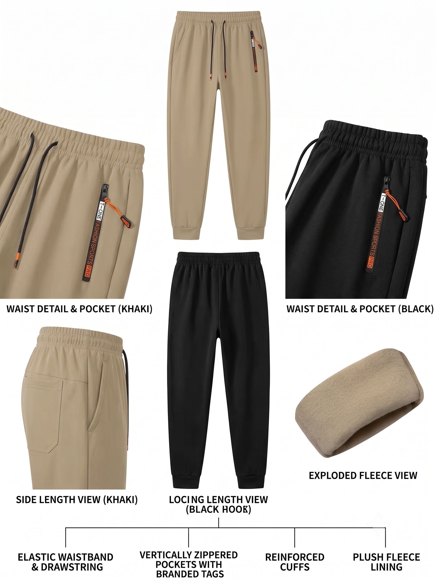 comfortable 2pcs Men's Winter Warm Fleece Sweatpants with Zipper Pockets Casual Trousers Track Pants Drawstring Waist for Running Workout Gym Outdoors for Fall Winter 7 An e-commerce product diagram grid over a white background outlining the technical features of a black and a khaki pair of Men’s Winter Warm Fleece Sweatpants. It contains several cropped layout panels, including a close-up of the khaki elastic waistband with black drawstrings, full-length front displays of both pairs, a close-up of the black side zipper pocket with an orange pull cord