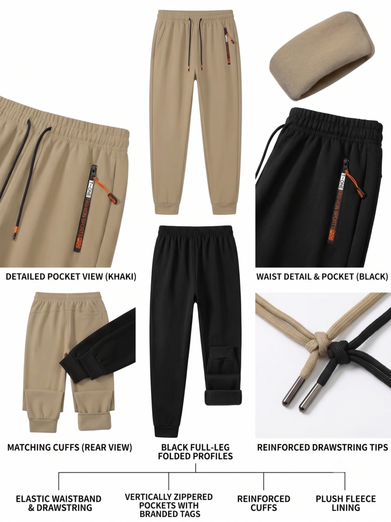 comfortable 2pcs Men's Winter Warm Fleece Sweatpants with Zipper Pockets Casual Trousers Track Pants Drawstring Waist for Running Workout Gym Outdoors for Fall Winter 9 A multi-panel infographic display over a white background showcasing technical construction views of Men’s Winter Warm Fleece Sweatpants in black and khaki. The layout features panels showing a full front layout of the khaki joggers, a folded view of the black pants, a close-up texturized view of the beige fleece lining, a detailed view of the black waist profile, a comparison shot labeled matching cuffs rear view, and an up-close panel of the knotted dual-color drawstrings with metal aglet tips.