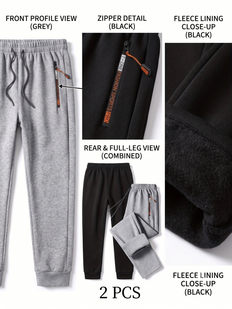 comfortable 2pcs Men's Winter Warm Fleece Sweatpants with Zipper Pockets Casual Trousers Track Pants Drawstring Waist for Running Workout Gym Outdoors for Fall Winter 12 An e-commerce catalog layout displaying multiple views and detailed panels of Men’s Winter Warm Fleece Track Pants in black and light grey over a white background. The composition includes a full front profile view of the grey joggers showing the waistband and pocket,